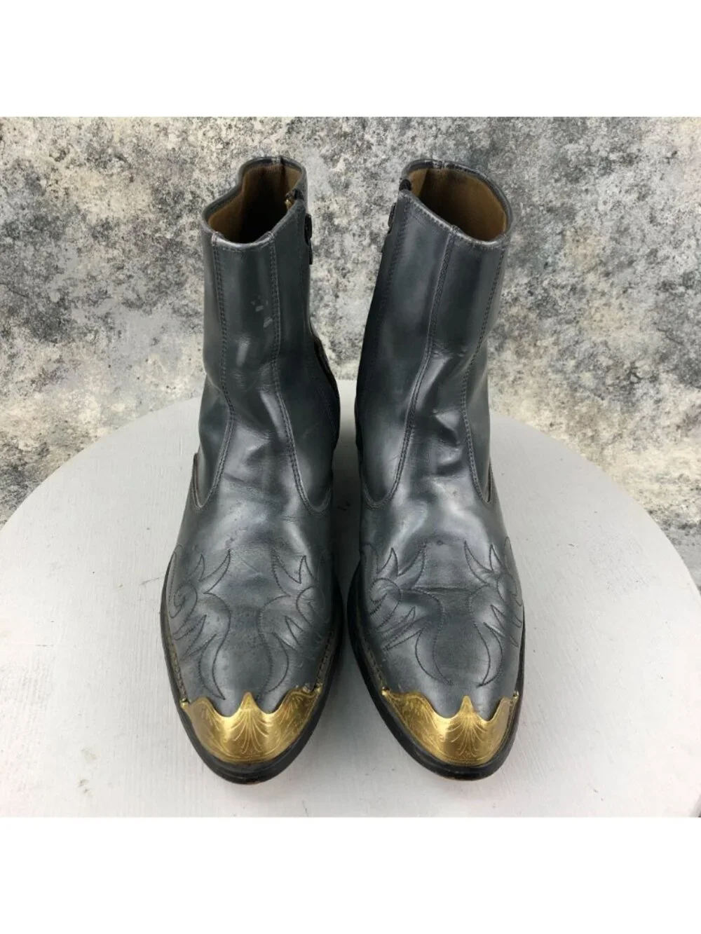 Acme VTG Mens Size 11D Dark Grey Gold Metal Toe Caps Side Zip Cowboy Ankle Boots
